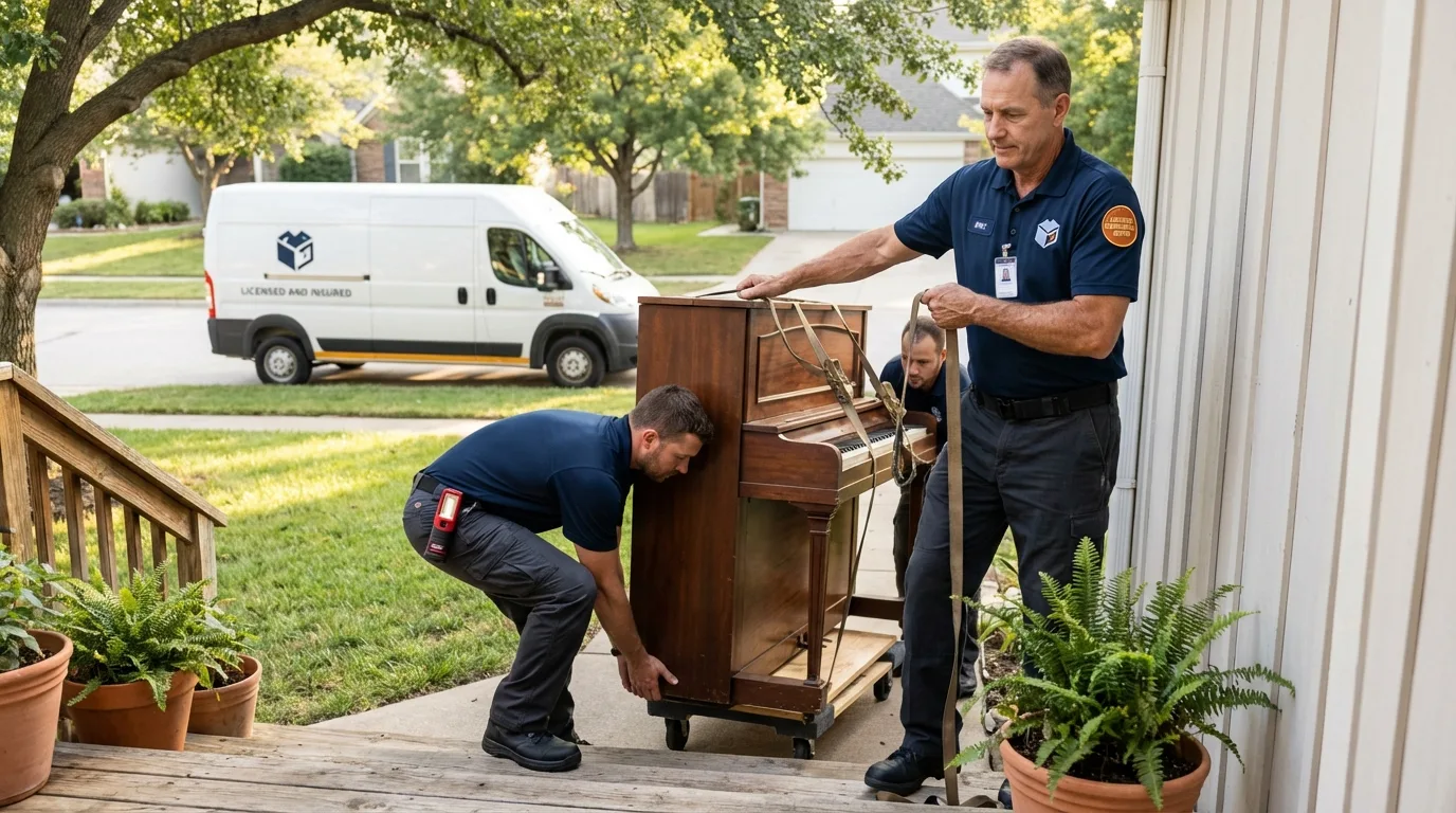 Licensed piano movers securing grand piano in Phoenix, NY