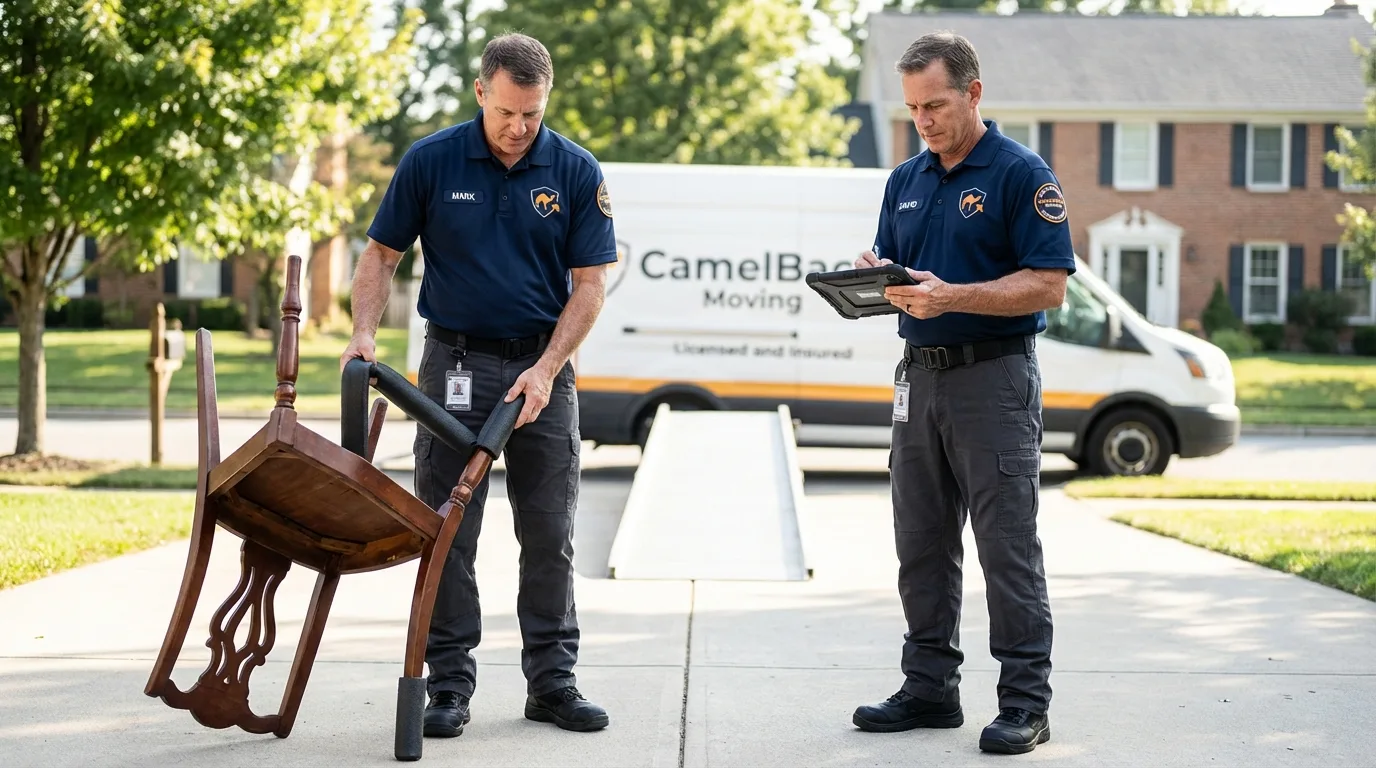 Movers inspecting furniture for damage prevention before loading in Phoenix, NY